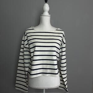 J.Crew Breton Stripe Cropped Top Navy Ivory Long Sleeve Cotton NWT Size L